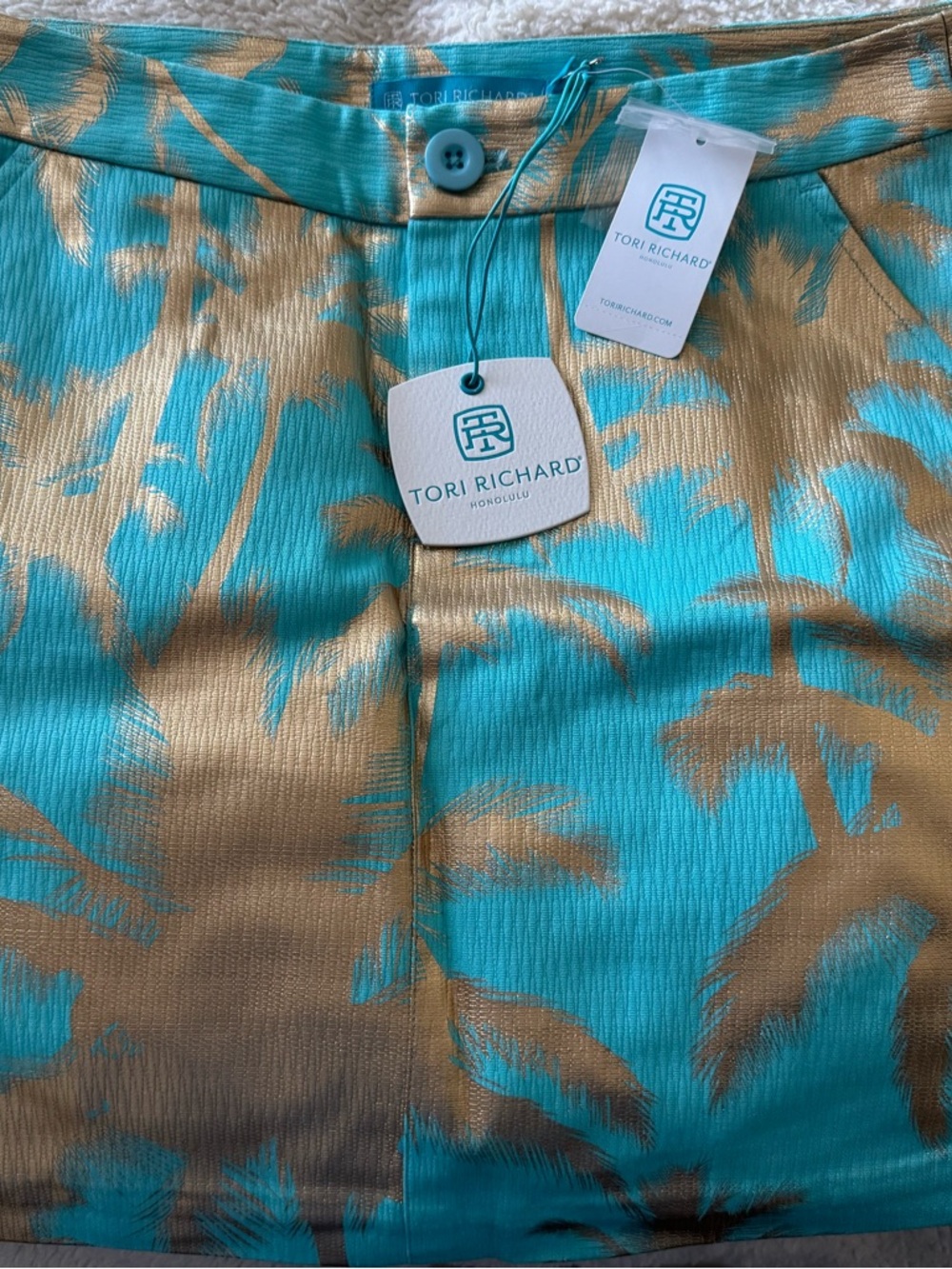 Tori Richard Women Turquoise and Gold Palm-Print Skirt